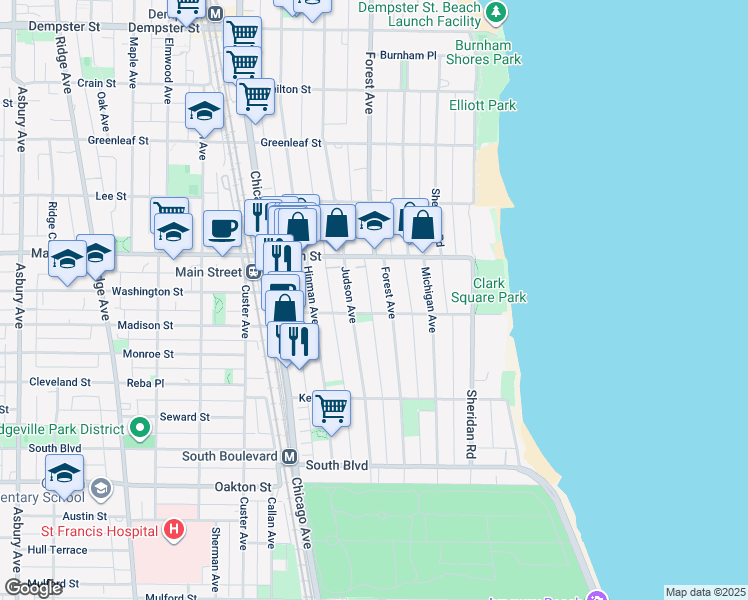 map of restaurants, bars, coffee shops, grocery stores, and more near 808 Forest Avenue in Evanston