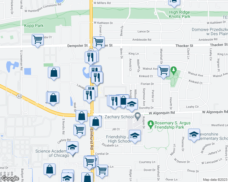 map of restaurants, bars, coffee shops, grocery stores, and more near 1109 Holiday Lane in Des Plaines