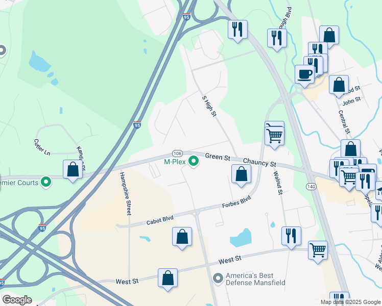 map of restaurants, bars, coffee shops, grocery stores, and more near 197 Green Street in Foxboro