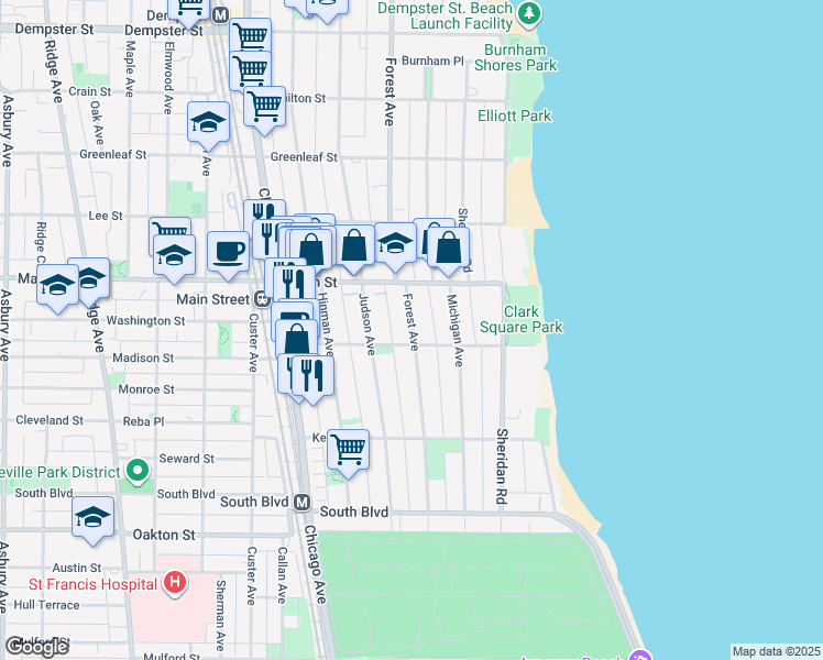 map of restaurants, bars, coffee shops, grocery stores, and more near 821 Forest Avenue in Evanston