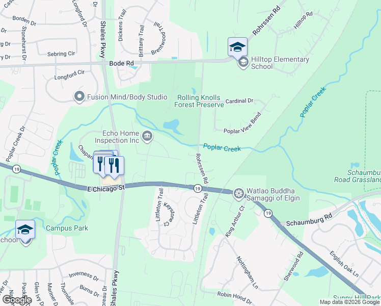 map of restaurants, bars, coffee shops, grocery stores, and more near 11N130 Rohrssen Road in Elgin
