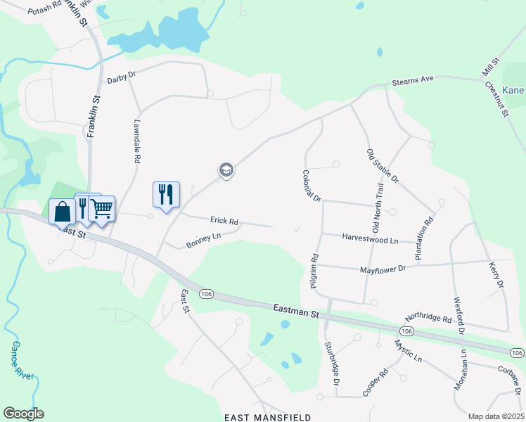 map of restaurants, bars, coffee shops, grocery stores, and more near 10 Erick Road in Mansfield