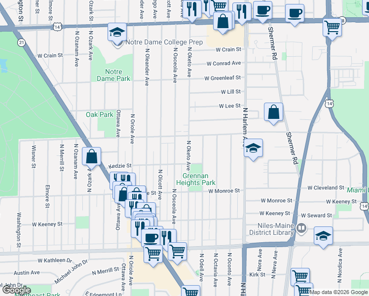map of restaurants, bars, coffee shops, grocery stores, and more near in Niles