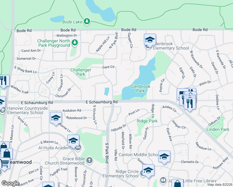 map of restaurants, bars, coffee shops, grocery stores, and more near 29 North Park Boulevard in Streamwood