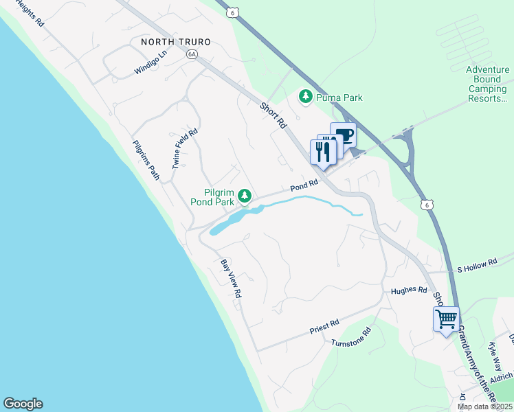 map of restaurants, bars, coffee shops, grocery stores, and more near 14 Pond Road in Truro