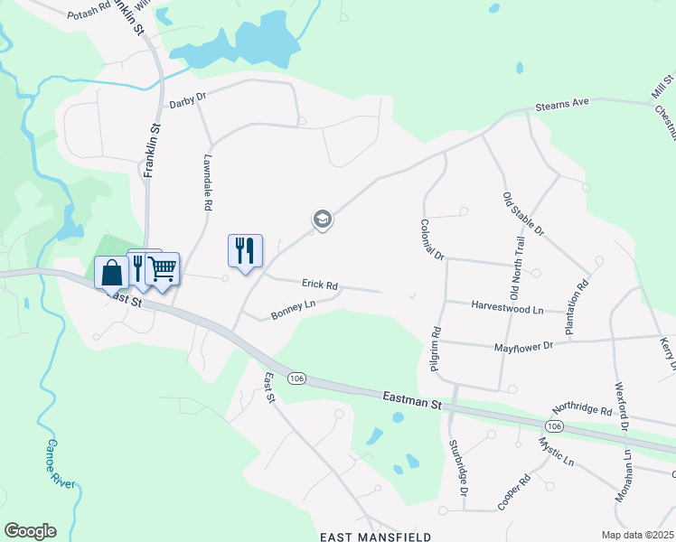 map of restaurants, bars, coffee shops, grocery stores, and more near 6 Erick Road in Mansfield