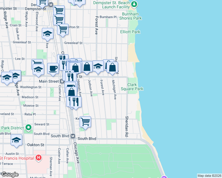 map of restaurants, bars, coffee shops, grocery stores, and more near 821 Forest Avenue in Evanston