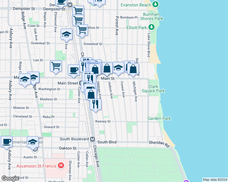 map of restaurants, bars, coffee shops, grocery stores, and more near 316 1/2 Main Street in Evanston