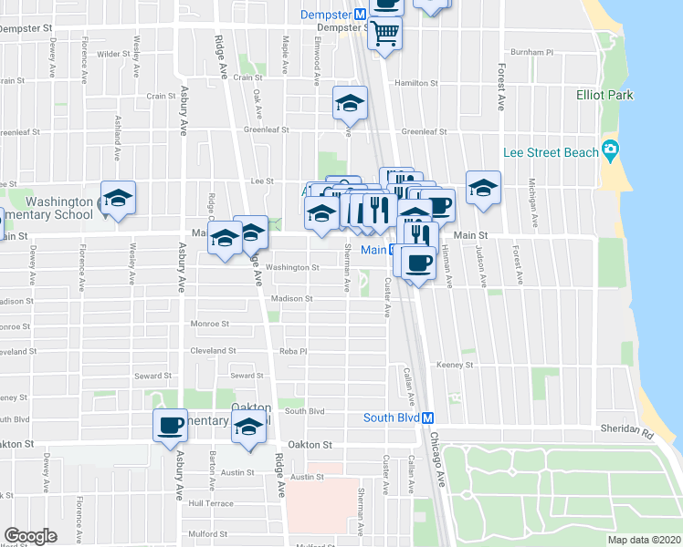 map of restaurants, bars, coffee shops, grocery stores, and more near 822 Sherman Avenue in Evanston