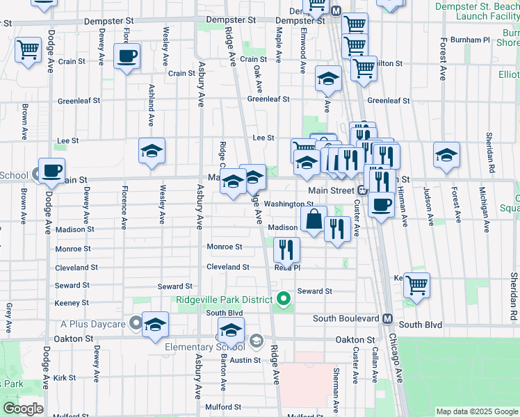 map of restaurants, bars, coffee shops, grocery stores, and more near 1101 Washington Street in Evanston