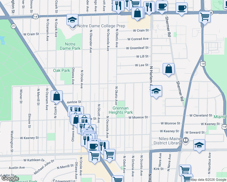 map of restaurants, bars, coffee shops, grocery stores, and more near in Niles