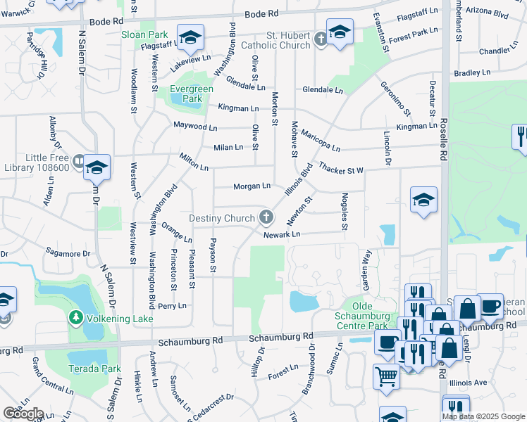 map of restaurants, bars, coffee shops, grocery stores, and more near 350 Illinois Boulevard in Hoffman Estates
