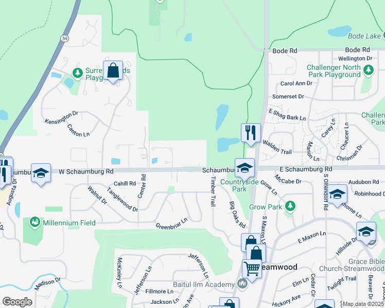 map of restaurants, bars, coffee shops, grocery stores, and more near 110 West Schaumburg Road in Streamwood