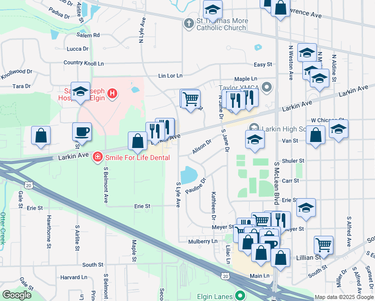 map of restaurants, bars, coffee shops, grocery stores, and more near 1695 Larkin Avenue in Elgin