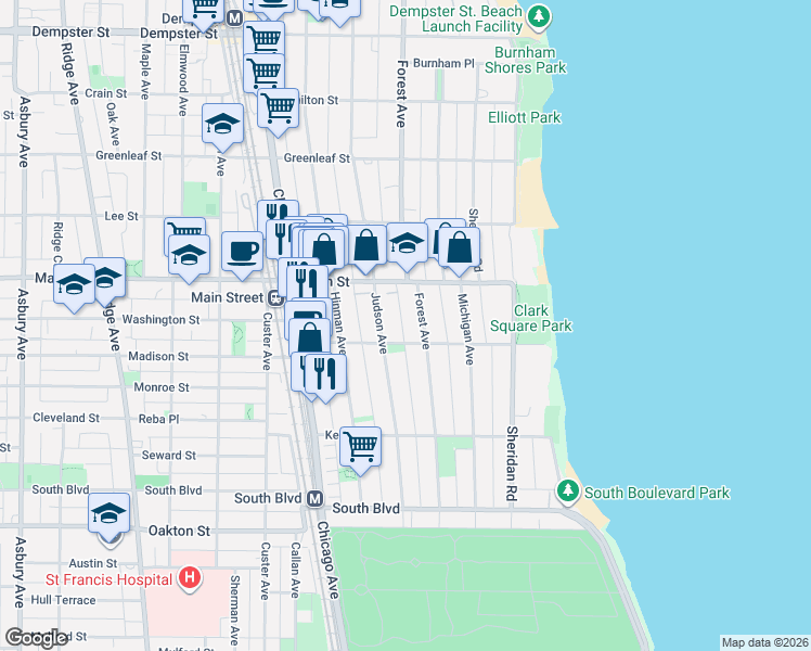 map of restaurants, bars, coffee shops, grocery stores, and more near 316 1/2 Main Street in Evanston