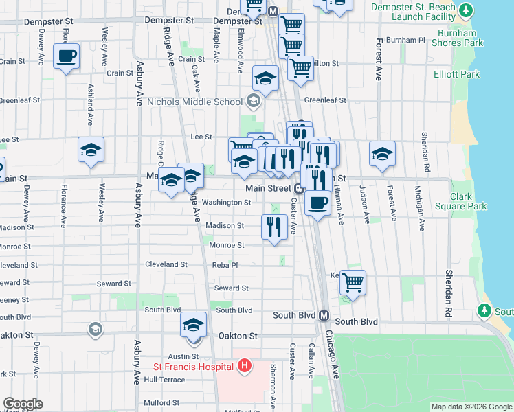 map of restaurants, bars, coffee shops, grocery stores, and more near 822 Sherman Avenue in Evanston