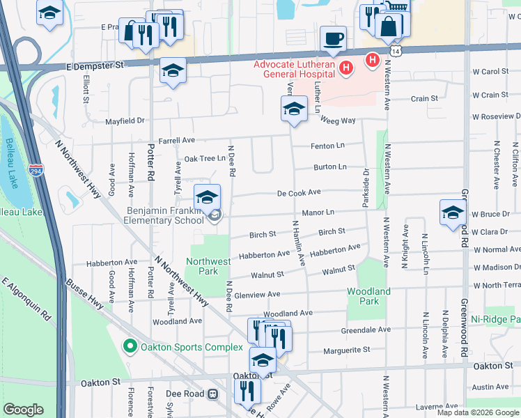 map of restaurants, bars, coffee shops, grocery stores, and more near 2119 De Cook Avenue in Park Ridge