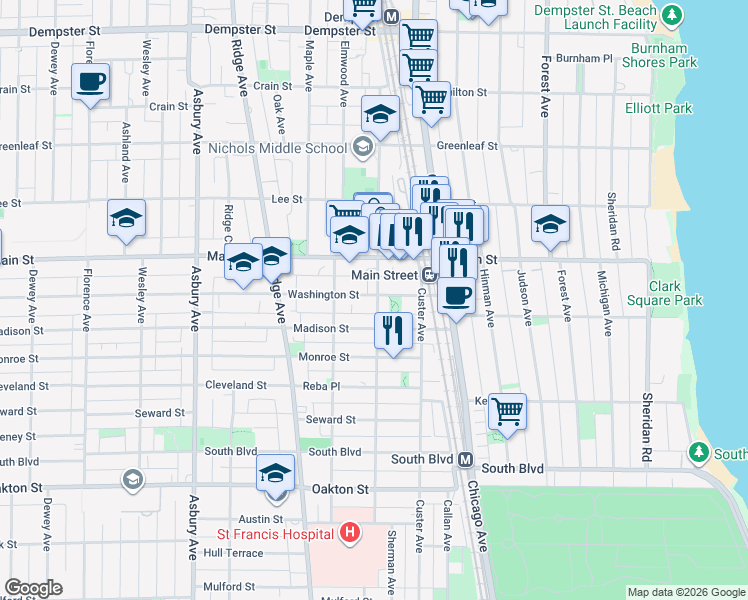 map of restaurants, bars, coffee shops, grocery stores, and more near 822 Sherman Avenue in Evanston