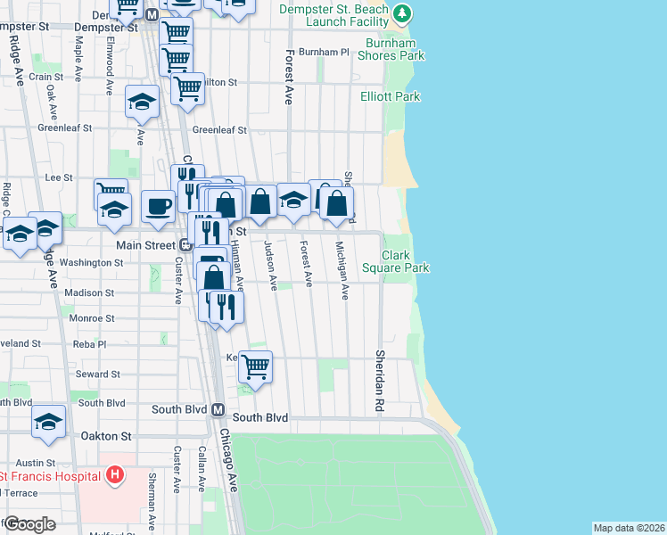 map of restaurants, bars, coffee shops, grocery stores, and more near 821 Forest Avenue in Evanston