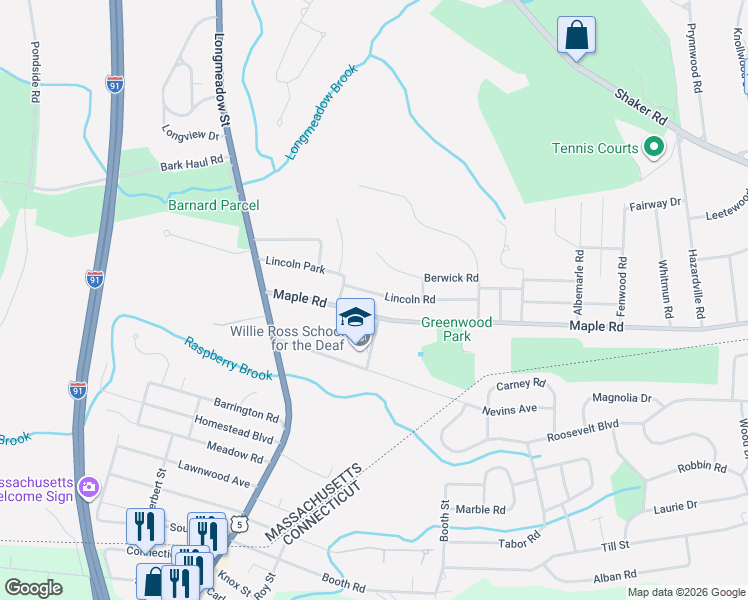 map of restaurants, bars, coffee shops, grocery stores, and more near 37 Lincoln Road in Longmeadow