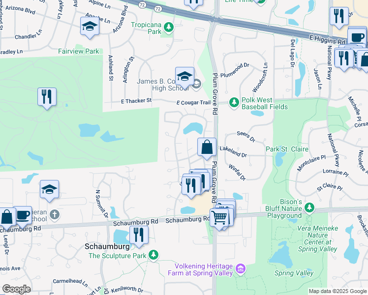 map of restaurants, bars, coffee shops, grocery stores, and more near 634 Bridgeview Point in Schaumburg