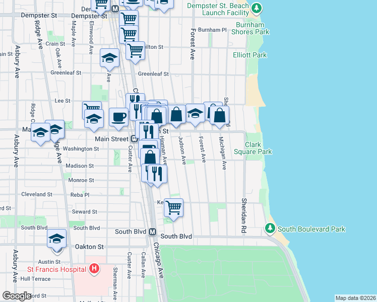 map of restaurants, bars, coffee shops, grocery stores, and more near 316 1/2 Main Street in Evanston