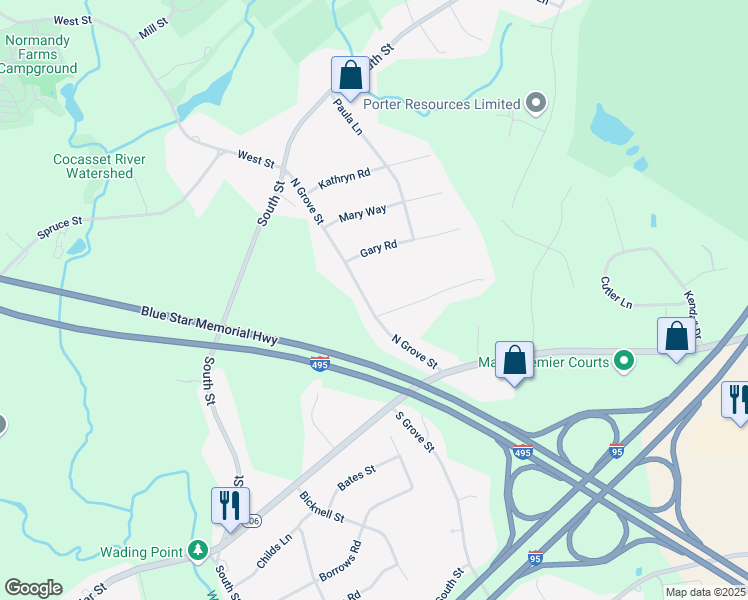 map of restaurants, bars, coffee shops, grocery stores, and more near 36 North Grove Street in Foxborough