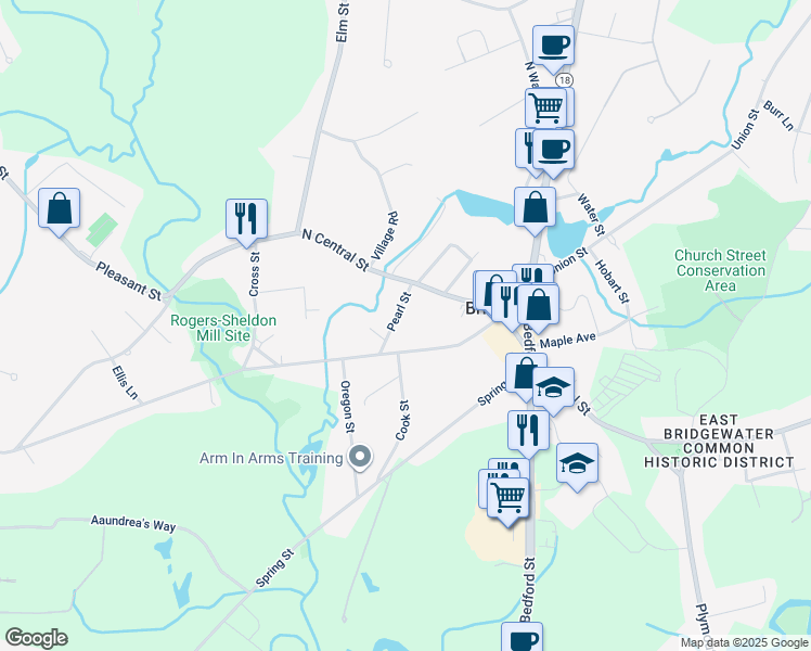 map of restaurants, bars, coffee shops, grocery stores, and more near 32 Pearl Street in East Bridgewater