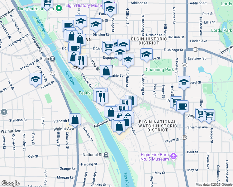 map of restaurants, bars, coffee shops, grocery stores, and more near 217 Michigan Street in Elgin