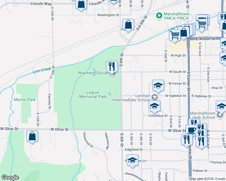 map of restaurants, bars, coffee shops, grocery stores, and more near 1-39 Crosby Park Drive in Marshalltown