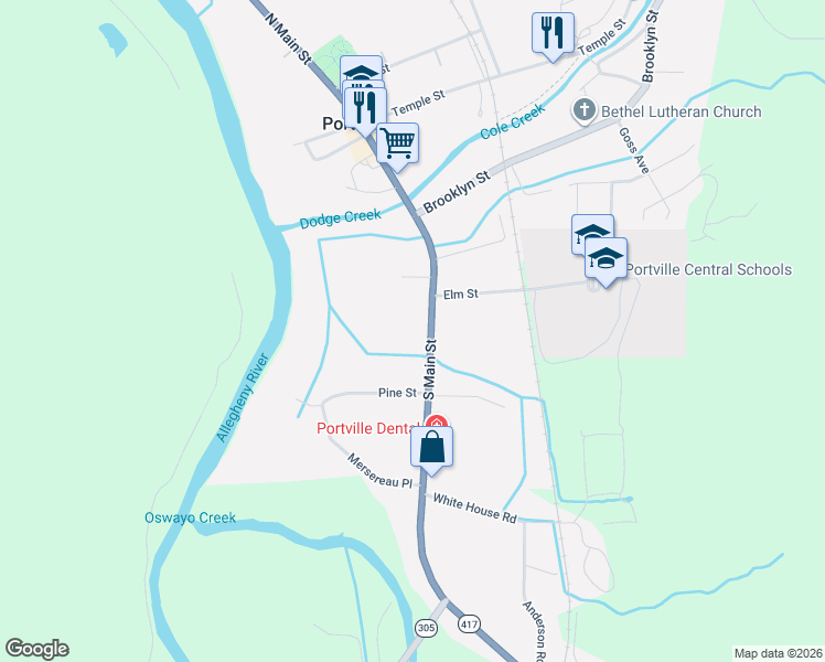 map of restaurants, bars, coffee shops, grocery stores, and more near 104 South Main Street in Portville