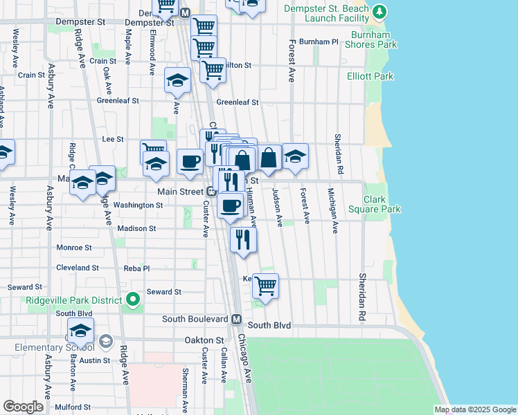 map of restaurants, bars, coffee shops, grocery stores, and more near 834 Judson Avenue in Evanston