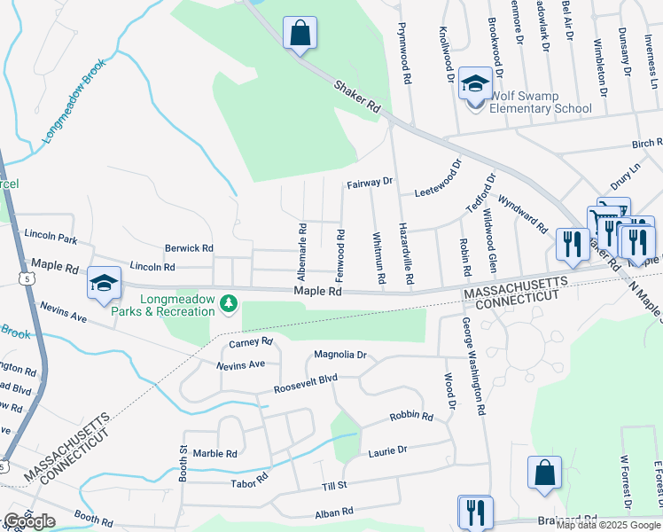 map of restaurants, bars, coffee shops, grocery stores, and more near 104 Barclay Street in Longmeadow