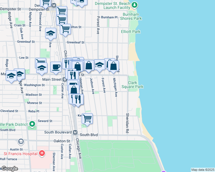 map of restaurants, bars, coffee shops, grocery stores, and more near 821 Forest Avenue in Evanston