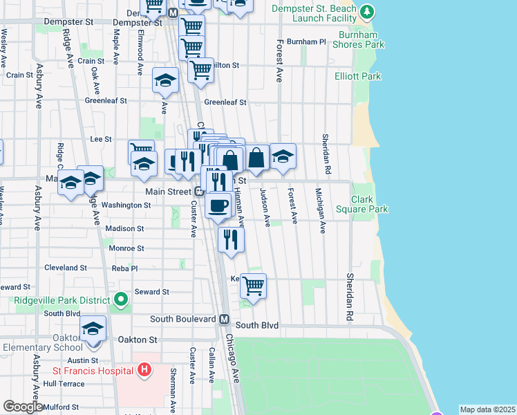 map of restaurants, bars, coffee shops, grocery stores, and more near 834 Judson Avenue in Evanston