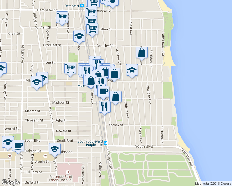 map of restaurants, bars, coffee shops, grocery stores, and more near 834 Judson Avenue in Evanston