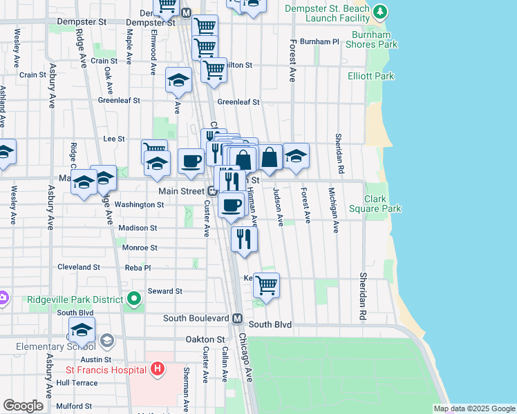 map of restaurants, bars, coffee shops, grocery stores, and more near 834 Judson Avenue in Evanston