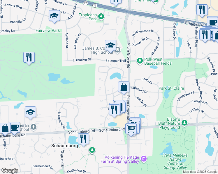 map of restaurants, bars, coffee shops, grocery stores, and more near 634 Bridgeview Point in Schaumburg