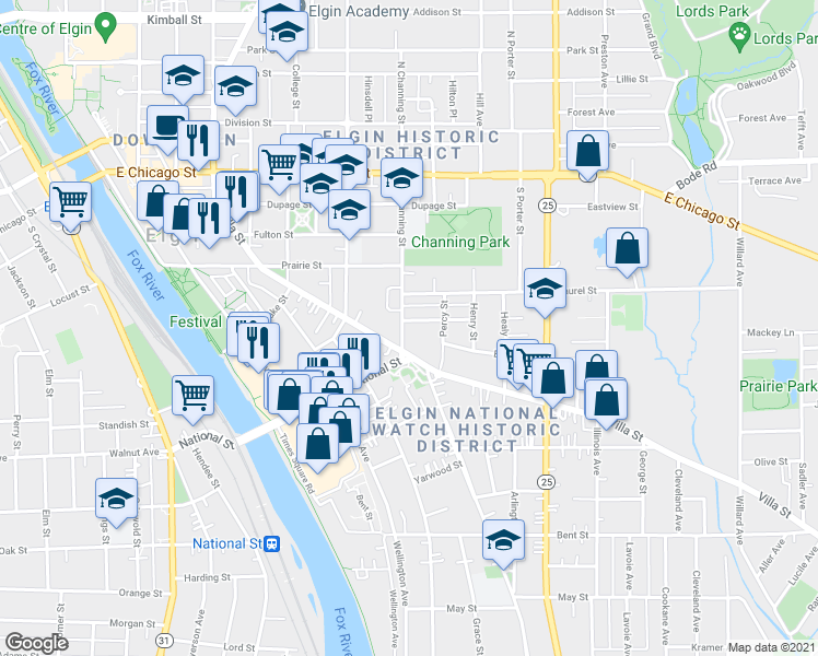 map of restaurants, bars, coffee shops, grocery stores, and more near 450 Stella Street in Elgin