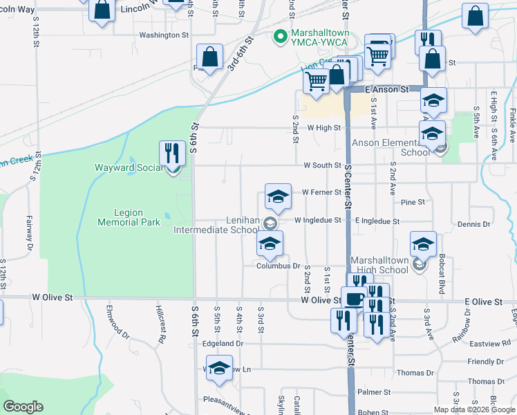 map of restaurants, bars, coffee shops, grocery stores, and more near 1204 South 4th Street in Marshalltown