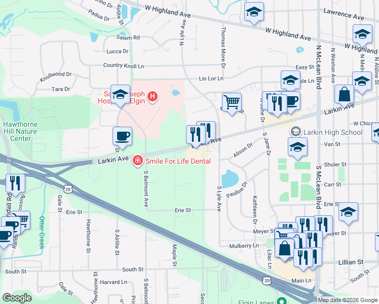 map of restaurants, bars, coffee shops, grocery stores, and more near 1849 Larkin Avenue in Elgin