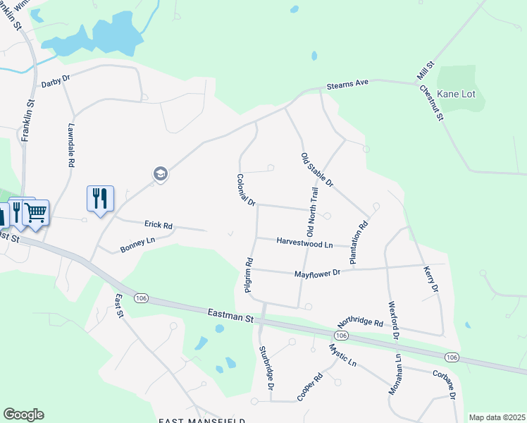 map of restaurants, bars, coffee shops, grocery stores, and more near 4 Pilgrim Road in Mansfield