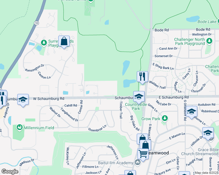 map of restaurants, bars, coffee shops, grocery stores, and more near 110 West Schaumburg Road in Streamwood