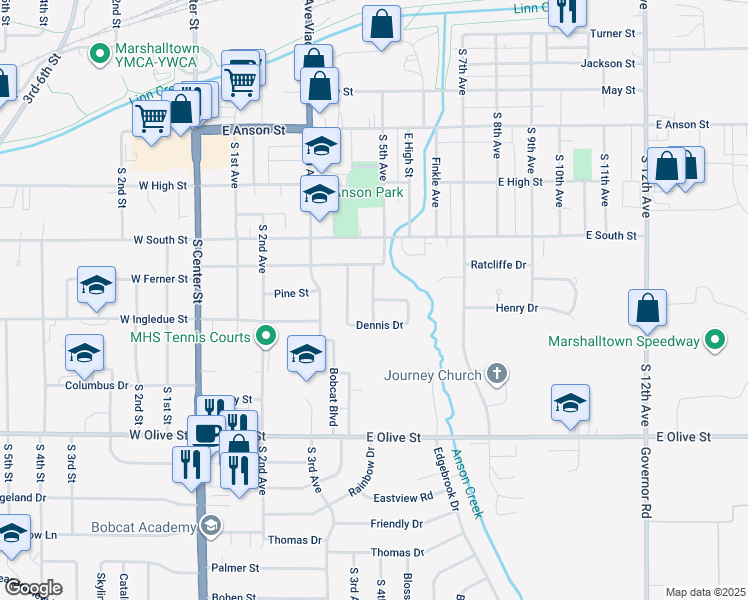 map of restaurants, bars, coffee shops, grocery stores, and more near 500 Greenbriar Lane in Marshalltown
