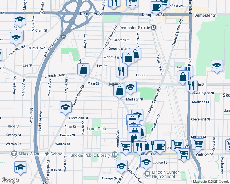 map of restaurants, bars, coffee shops, grocery stores, and more near in Skokie