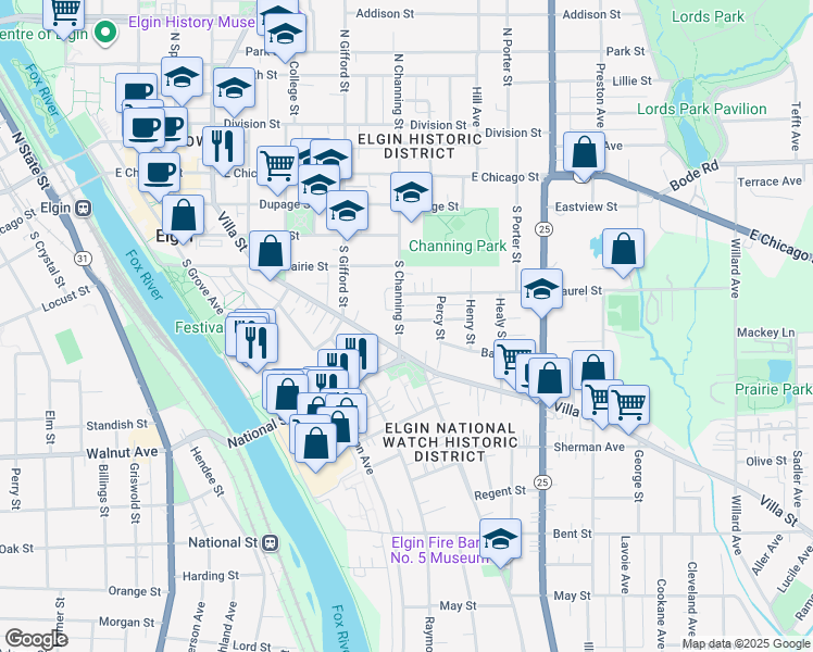 map of restaurants, bars, coffee shops, grocery stores, and more near 253 South Channing Street in Elgin