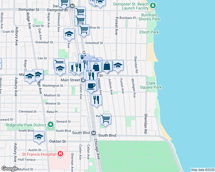 map of restaurants, bars, coffee shops, grocery stores, and more near 820 Judson Avenue in Evanston