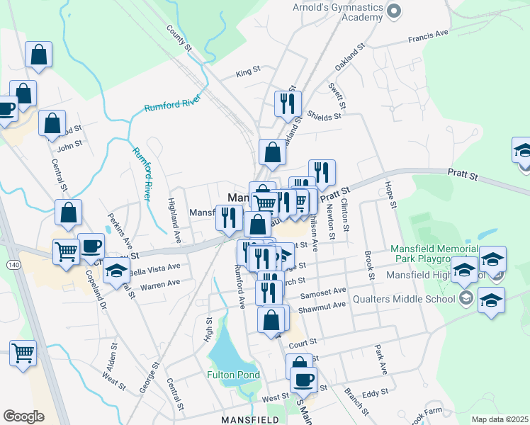 map of restaurants, bars, coffee shops, grocery stores, and more near in Mansfield