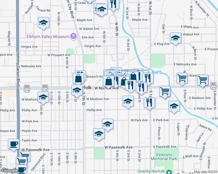 map of restaurants, bars, coffee shops, grocery stores, and more near 430 West Norfolk Avenue in Norfolk