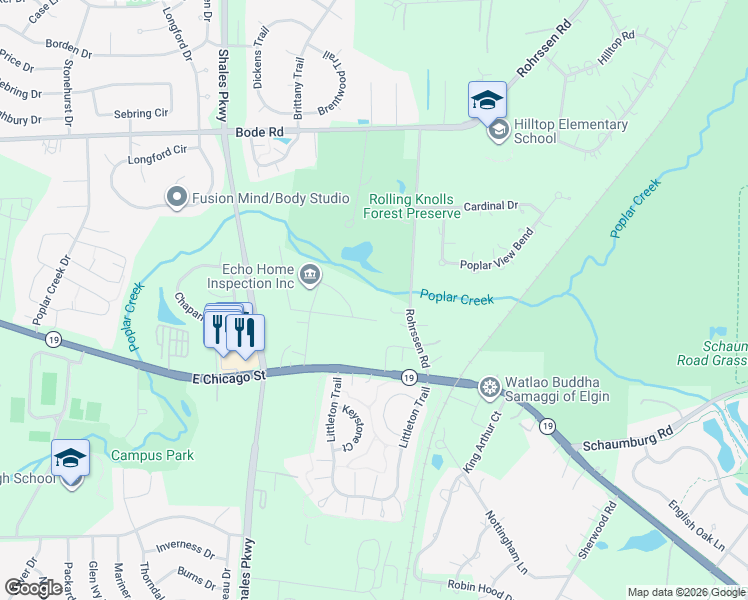 map of restaurants, bars, coffee shops, grocery stores, and more near 11N130 Rohrssen Road in Elgin